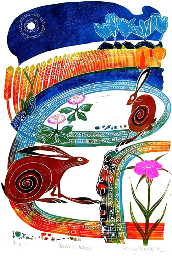 Penny Bhadresa - Harvest Hares - Linocut