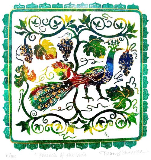 Penny Bhadresa - Peacock Of The Vine - Linocut